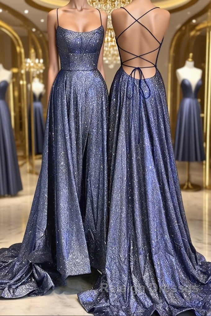 Bling Bling Backless Long Prom Dresses, Open Back Blue Long Formal Evening Dresses Main image