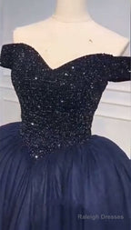 Bling Bling Crystal Beaded Bodice Corset Navy Blue Ball Gown Wedding Dress Off The Shoulder
