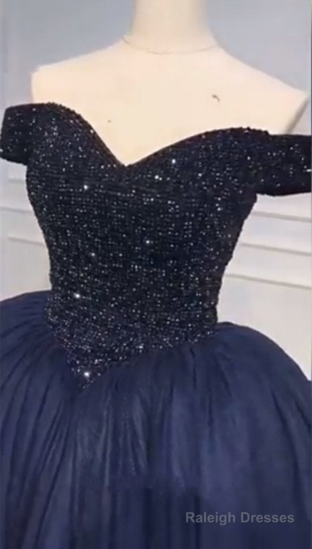 Bling Bling Crystal Beaded Bodice Corset Navy Blue Ball Gown Wedding Dress Off The Shoulder