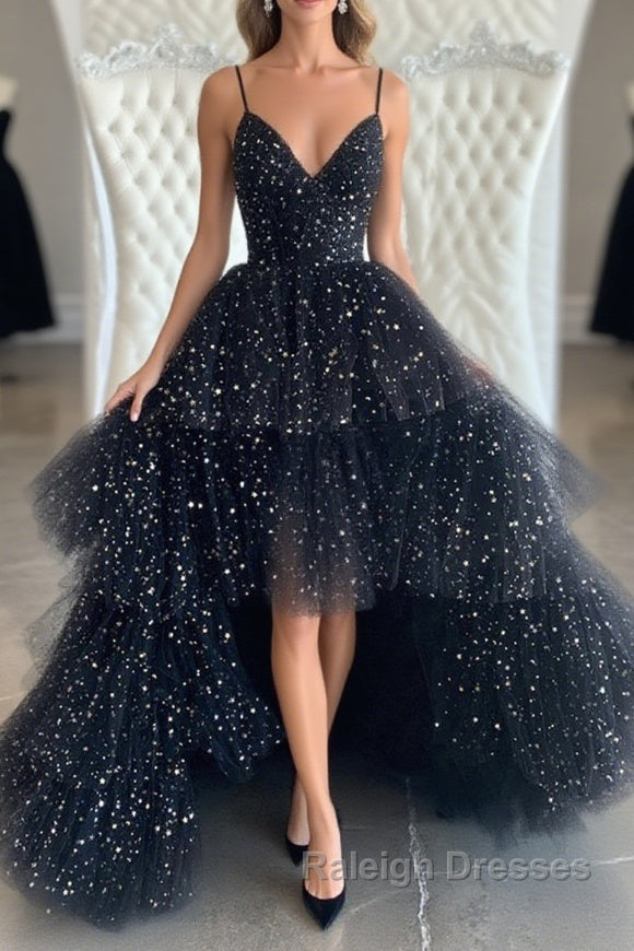 Bling Bling V Neck High Low Black Long Prom Dresses, Fluffy Black Formal Evening Dresses, Ball Gown