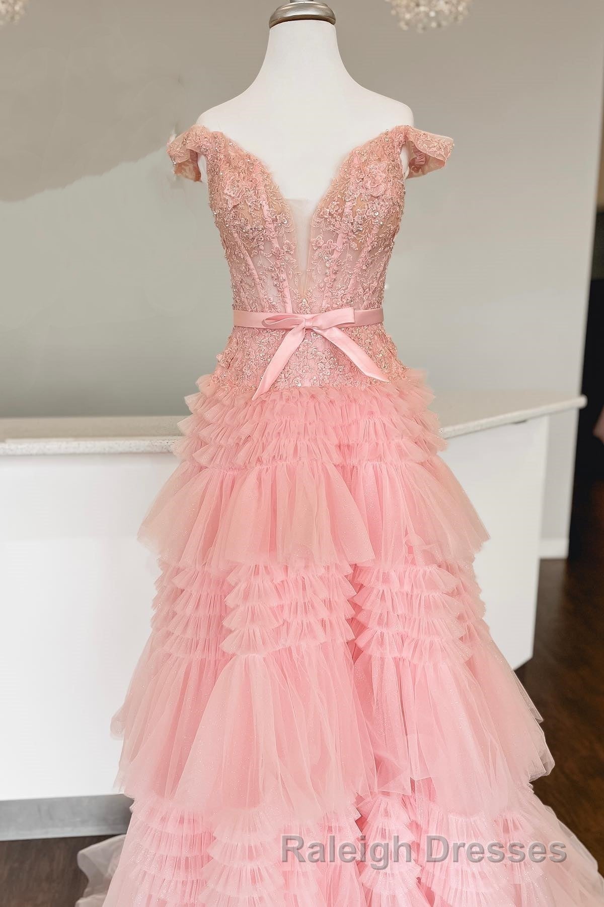 Off the Shoulder Red Appliques Tiered Long Formal Dress Secondary image