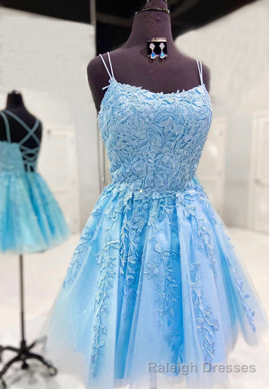 Blue Tulle Short Prom Dresses, A Line Lace Prom Dresses