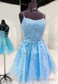 Blue Tulle Short Prom Dresses, A Line Lace Prom Dresses