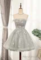Gray Strapless Feather Short Prom Dresses, Cute Prom Dresses