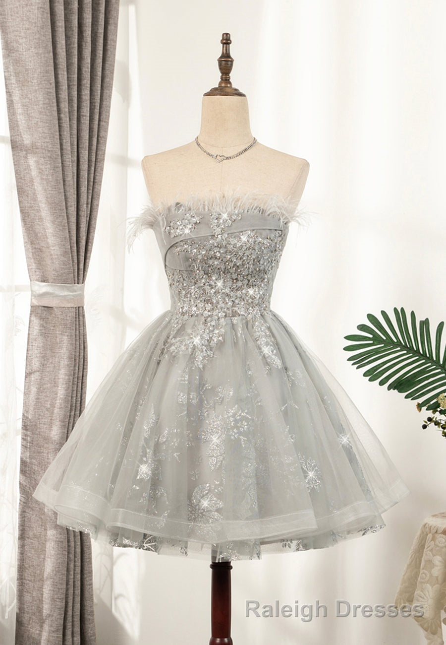 Gray Strapless Feather Short Prom Dresses, Cute Prom Dresses