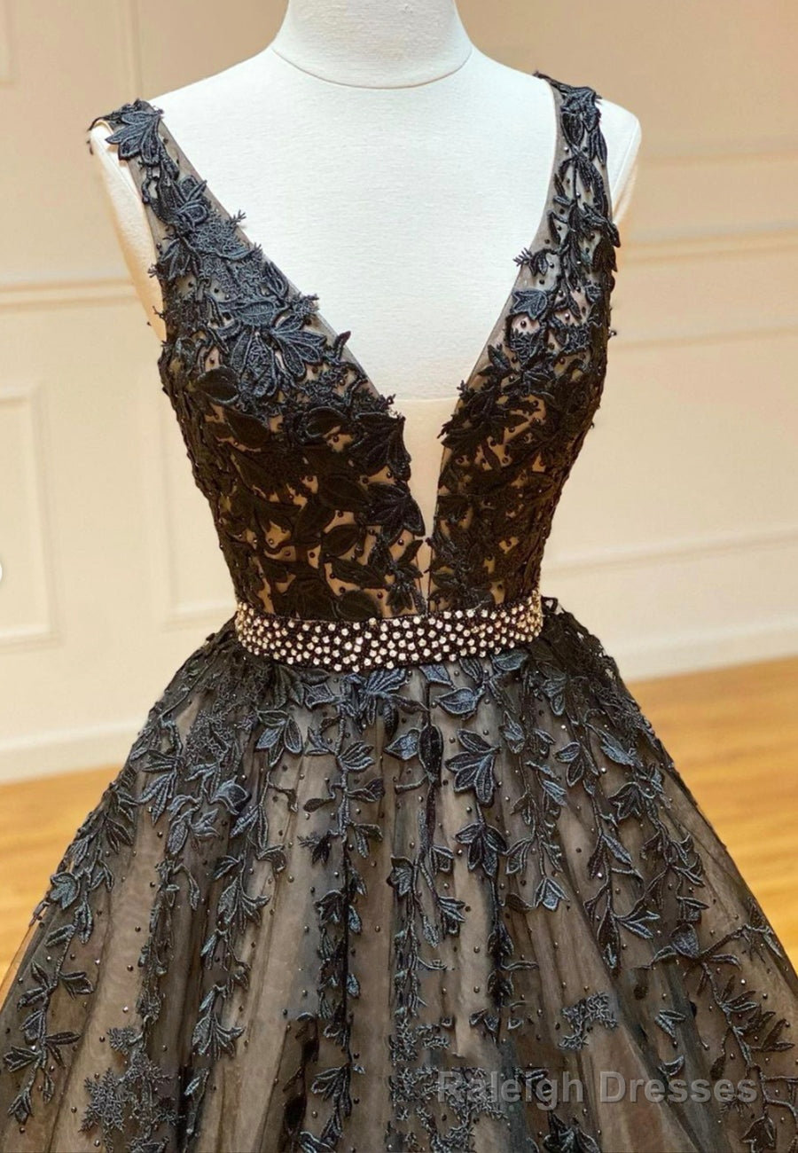 Black V-Neck Lace Long Prom Dresses, A-Line Evening Dresses Secondary image