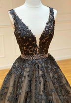 Black V-Neck Lace Long Prom Dresses, A-Line Evening Dresses