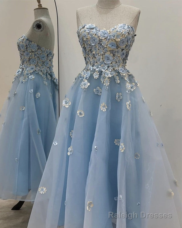 Blue 3D Flowers Tulle Midi Dresses