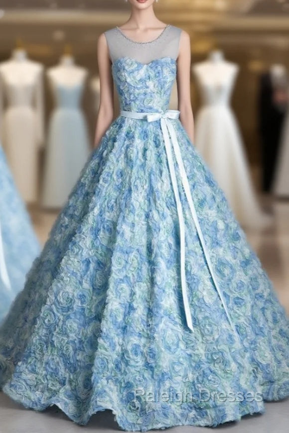 Blue 3D Rose Flower Backless Quinceanera Dress Main image