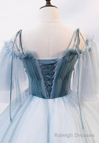 Lovely Spaghetti Strap Blue Long Prom Dresses, Lace Evening Dresses