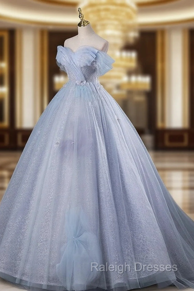 Blue A-Line Off Shoulder Tulle Long Prom Dress, Blue Formal Dress Main image