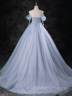 Blue A Line Off Shoulder Tulle Long Prom Dresses Blue Prom Dresses
