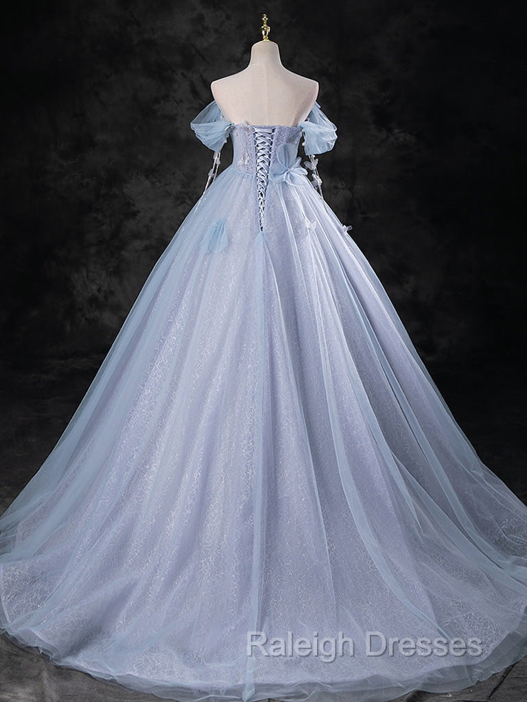 Blue A Line Off Shoulder Tulle Long Prom Dresses Blue Prom Dresses