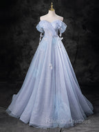 Blue A Line Off Shoulder Tulle Long Prom Dresses Blue Prom Dresses