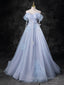 Blue A Line Off Shoulder Tulle Long Prom Dresses Blue Prom Dresses