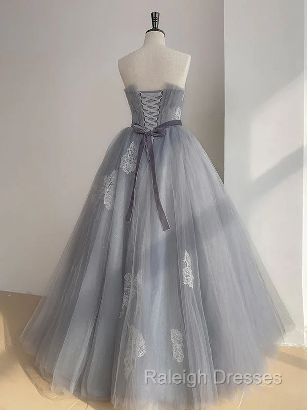 A Line Strapless Appliques Gray Tulle Long Prom Dress Secondary image