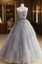 A Line Strapless Appliques Gray Tulle Long Prom Dress Evening Dress