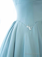 Blue A-Line Satin Beaded Long Prom Dress, Blue Evening Dress Formal Dress