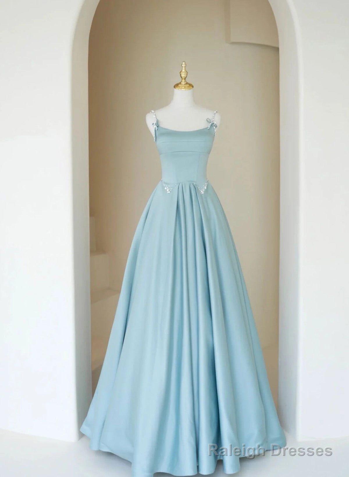Blue A-Line Satin Beaded Long Prom Dress, Blue Evening Dress Formal Dress Main image