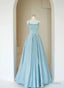 Blue A-Line Satin Beaded Long Prom Dress, Blue Evening Dress Formal Dress