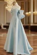 Blue A-Line Satin Long Prom Dresses, Blue Satin Evening Dresses