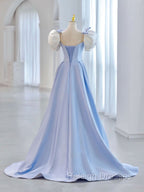 Blue A Line Satin Long Prom Dress Blue Satin Prom Dresses