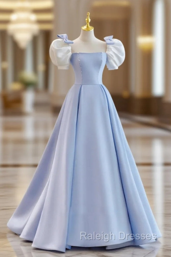 Blue A-Line Satin Long Prom Dresses, Blue Satin Formal Evening Dress Main image