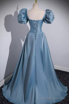 Blue A-Line Short Sleeves Cute Prom Dresses