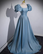 Blue A-Line Short Sleeves Cute Prom Dresses