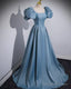 Blue A-Line Short Sleeves Cute Prom Dresses