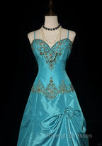 Blue A-Line Spaghetti Straps Satin Beaded Long Prom Dress Sweetheart Neck Applique Graduation Prom Dress