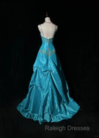 Blue A-Line Spaghetti Straps Satin Beaded Long Prom Dress Sweetheart Neck Applique Graduation Prom Dress
