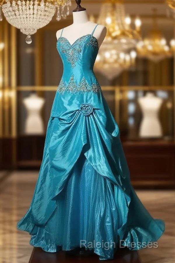 Blue A-Line Spaghetti Straps Satin Beaded Long Prom Dress Sweetheart Neck Applique Graduation Prom Dress Main image