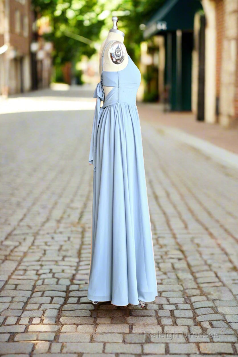 Blue A Line Spaghetti Straps V Neck Pleated Floor Length Chiffon Long Bridesmaid Dress Secondary image