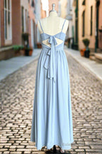 Blue A Line Spaghetti Straps V Neck Pleated Floor Length Chiffon Long Bridesmaid Dress