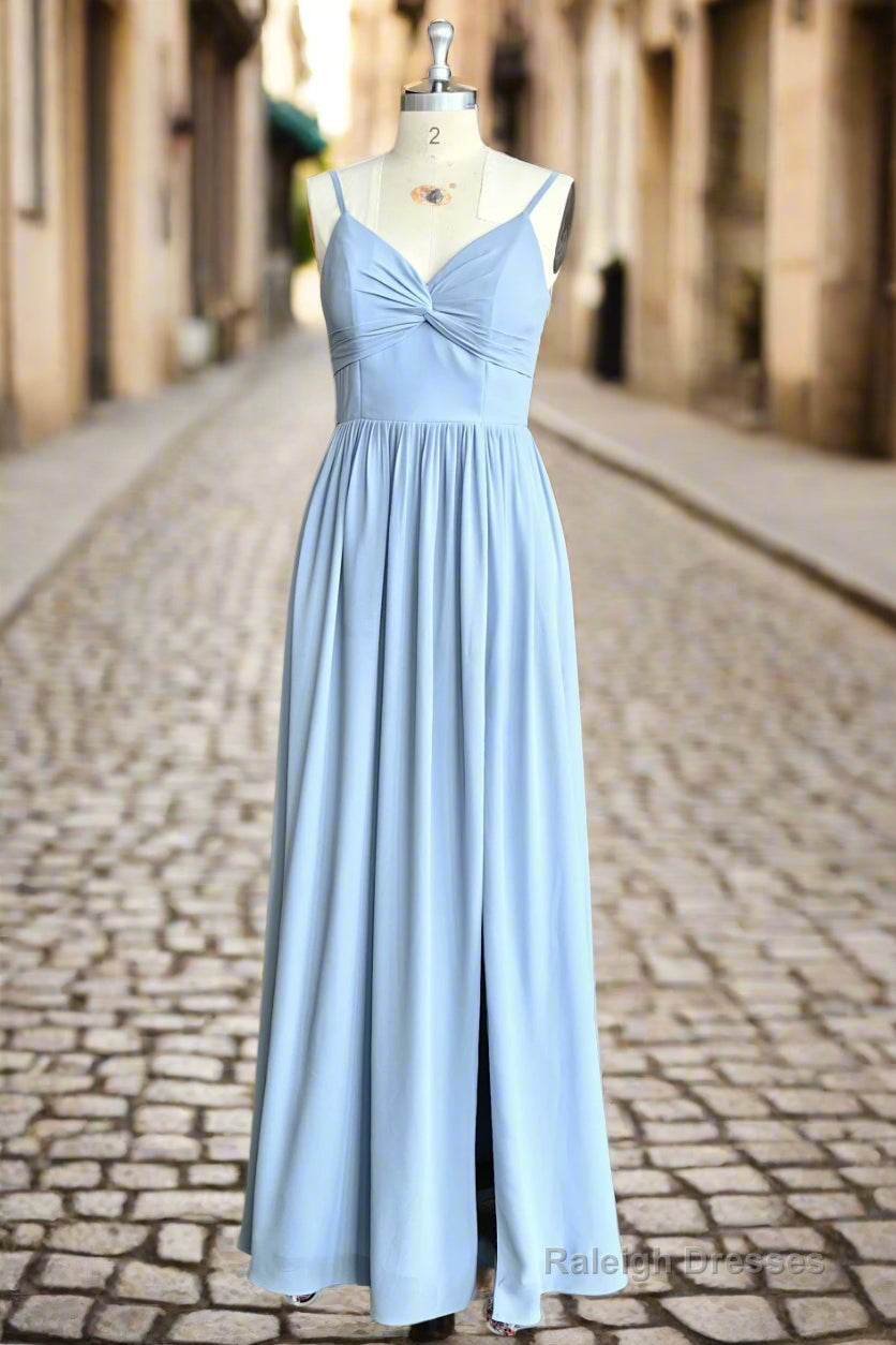 Blue A Line Spaghetti Straps V Neck Pleated Floor Length Chiffon Long Bridesmaid Dress