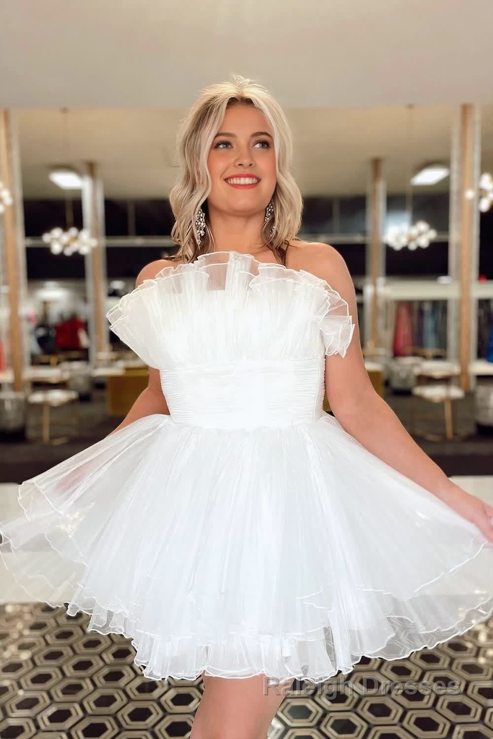 Blue A Line Strapless Ruffled Short Homecoming Dress