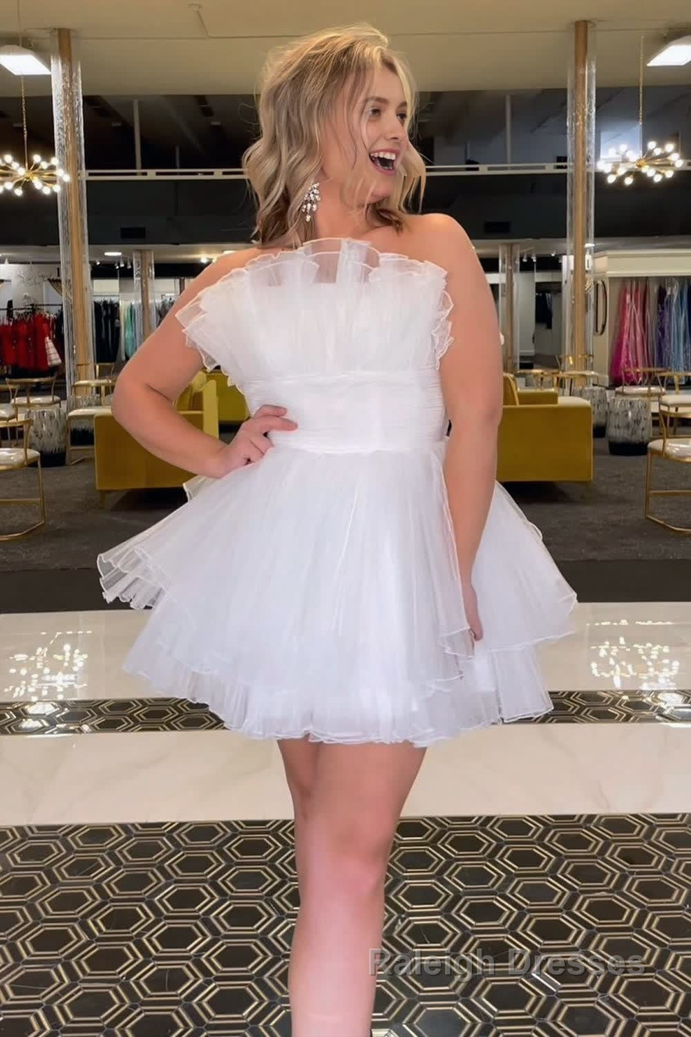 Blue A Line Strapless Ruffled Short Homecoming Dress