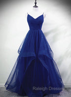 Blue A Line Straps Tulle Layers Long Prom Dress, Blue Long Prom Dress