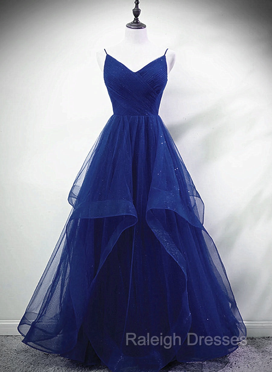 Blue A Line Straps Tulle Layers Long Prom Dress, Blue Long Prom Dress