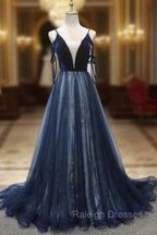 Blue A Line Straps Tulle Long Prom Dress, Blue Bridesmaid Dress