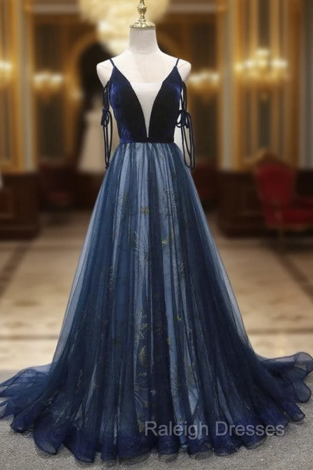 Blue A Line Straps Tulle Long Prom Dress, Blue Bridesmaid Dress