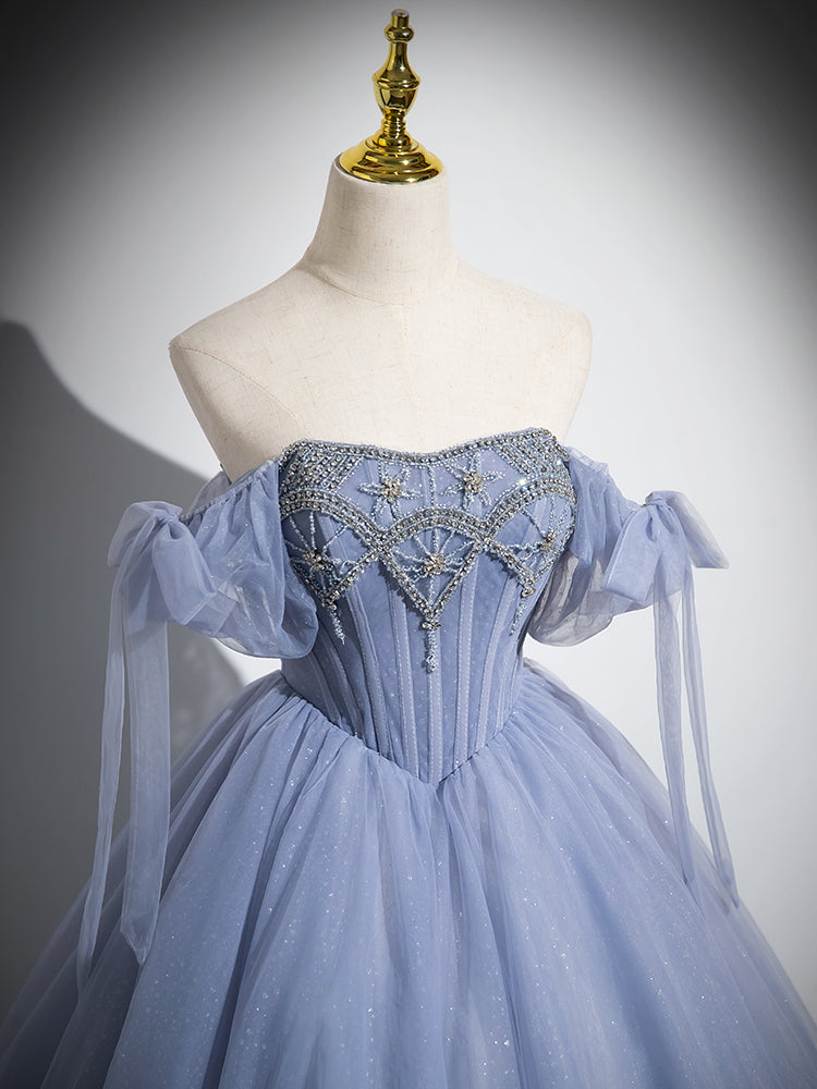 Blue A-Line Tulle Beads Long Formal Prom Dress, Blue Long Formal Dress Secondary image
