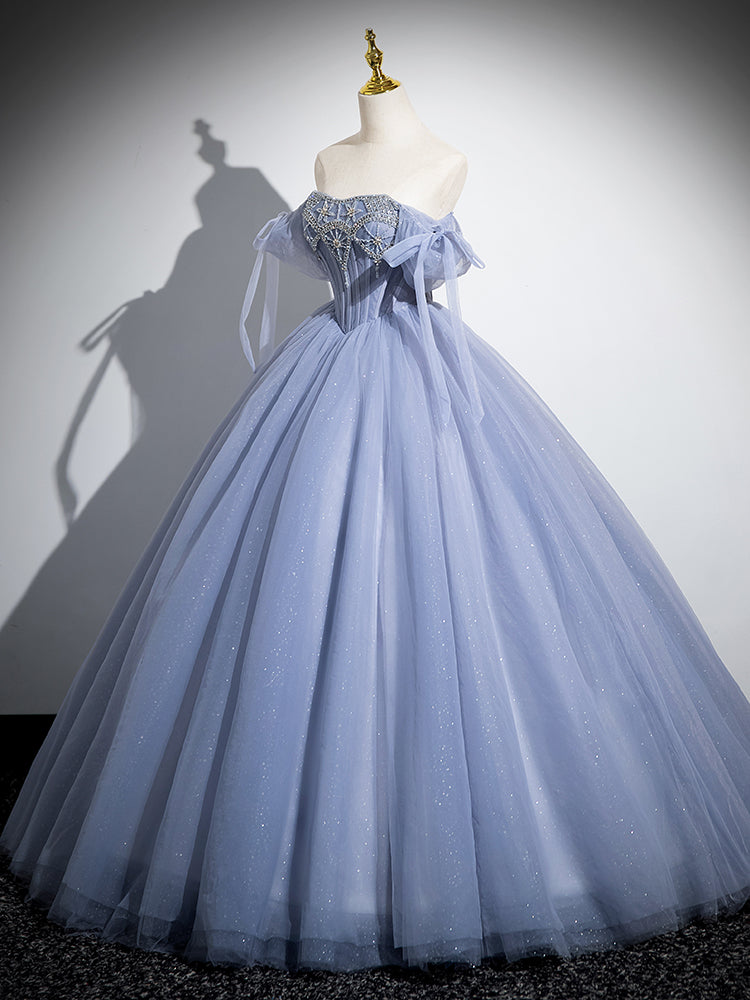 Blue A-Line Tulle Beads Long Formal Prom Dress, Blue Long Formal Dress