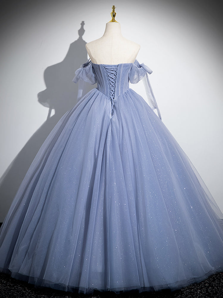 Blue A-Line Tulle Beads Long Formal Prom Dress, Blue Long Formal Dress