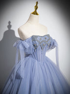 Blue A-Line Tulle Beads Long Formal Prom Dress, Blue Long Formal Dress