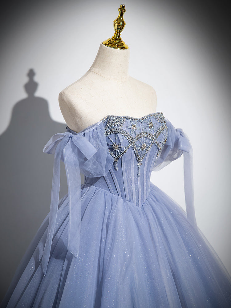 Blue A-Line Tulle Beads Long Formal Prom Dress, Blue Long Formal Dress