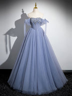 Blue A-Line Tulle Beads Long Formal Prom Dress, Blue Long Formal Dress