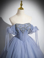 Blue A-Line Tulle Beads Long Prom Dresses Blue Long Prom Dresses