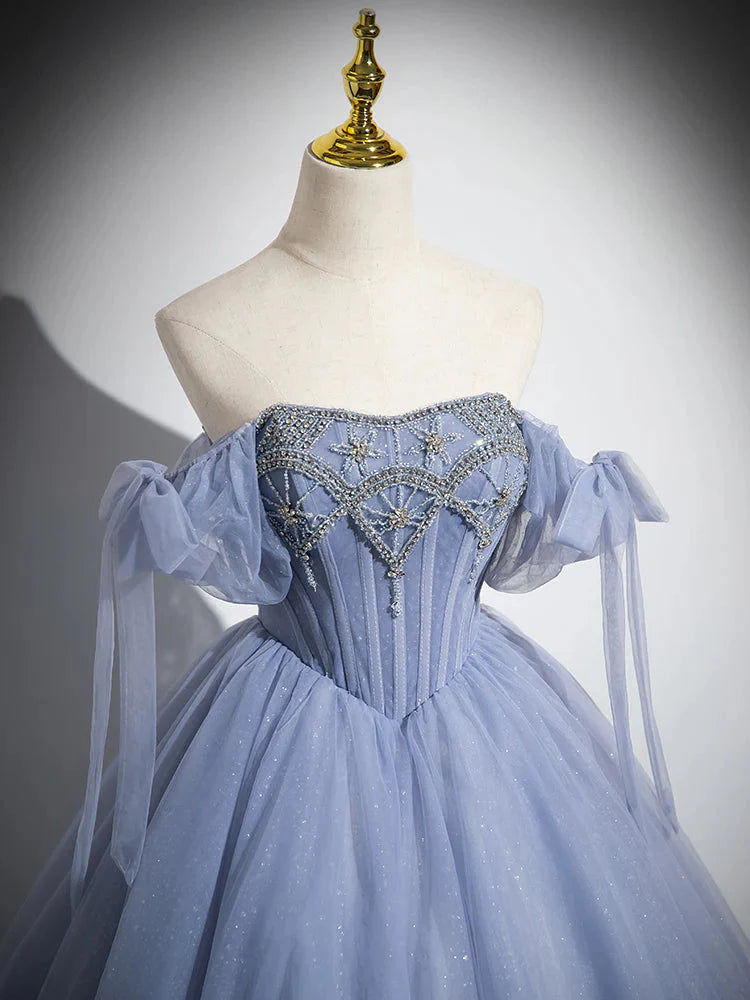 Blue A-Line Tulle Beads Long Prom Dresses Blue Long Prom Dresses